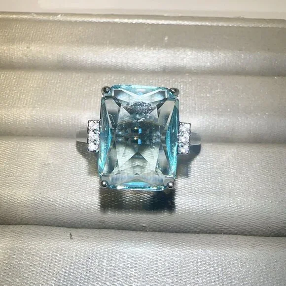 Aquamarine Gemstone Cocktail Ring Sterling Silver Tone Size 5 12 - Picture 2 of 13